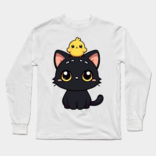 Cute Black Cat And Yellow Bird Long Sleeve T-Shirt